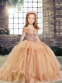 Floor Length Lace Up Girls Pageant Dresses Champagne for Party and Wedding Party with Beading