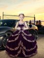 Custom Design Dark Purple Lace Up Straps Embroidery Glitz Pageant Dress Satin Sleeveless