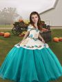High Class Aqua Blue Lace Up Little Girl Pageant Gowns Embroidery Sleeveless Floor Length