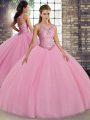 Pink Ball Gowns Embroidery Quince Ball Gowns Lace Up Tulle Sleeveless Floor Length