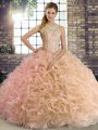 Peach Fabric With Rolling Flowers Lace Up Scoop Sleeveless Floor Length Quinceanera Gowns Beading
