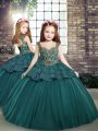 Elegant Teal Straps Neckline Beading and Appliques Little Girl Pageant Dress Sleeveless Side Zipper