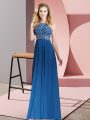 Customized Royal Blue Empire Scoop Sleeveless Chiffon Floor Length Backless Beading Prom Dress