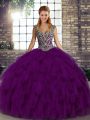 Modest Purple 15th Birthday Dress Military Ball and Sweet 16 and Quinceanera with Beading and Ruffles Straps Sleeveless Lace Up