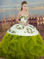 Olive Green Tulle Lace Up Sweet 16 Dress Sleeveless Floor Length Embroidery and Ruffles and Bowknot