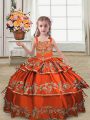 Dazzling Floor Length Lace Up Child Pageant Dress Rust Red for Wedding Party with Embroidery and Ruffled Layers