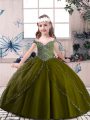 Sleeveless Floor Length Beading Lace Up Pageant Gowns For Girls with Olive Green