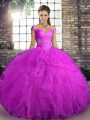 Fuchsia Lace Up Sweet 16 Quinceanera Dress Beading and Ruffles Sleeveless Floor Length