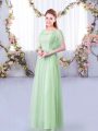 Designer Apple Green Empire Lace and Belt Wedding Guest Dresses Side Zipper Short Sleeves Floor Length