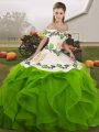 Customized Green Ball Gowns Tulle Off The Shoulder Sleeveless Embroidery and Ruffles Floor Length Lace Up Sweet 16 Dresses