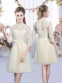 Elegant Champagne High-neck Neckline Bowknot Bridesmaid Dress Half Sleeves Lace Up