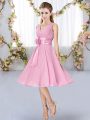 Customized Empire Bridesmaid Dress Rose Pink V-neck Chiffon Sleeveless Knee Length Lace Up