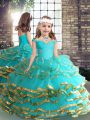 Fancy Ball Gowns Little Girls Pageant Dress Aqua Blue Straps Tulle Sleeveless Floor Length Lace Up