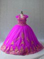 Fuchsia Ball Gowns Sweetheart Sleeveless Tulle Court Train Lace Up Beading and Appliques Sweet 16 Quinceanera Dress