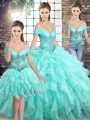 Hot Selling Aqua Blue Lace Up Off The Shoulder Beading and Ruffles Quinceanera Dress Organza Sleeveless Brush Train