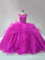 Attractive Fuchsia Lace Up Sweet 16 Dress Beading and Ruffles Long Sleeves Brush Train