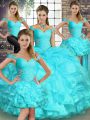 Off The Shoulder Sleeveless Lace Up Vestidos de Quinceanera Aqua Blue Organza