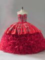 Sweetheart Sleeveless Brush Train Lace Up Vestidos de Quinceanera Red Fabric With Rolling Flowers