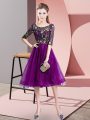High Class Purple Tulle Lace Up Dama Dress for Quinceanera Half Sleeves Knee Length Embroidery