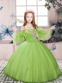 Long Sleeves Floor Length Beading Lace Up Girls Pageant Dresses with Champagne