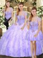 Lavender Tulle Lace Up Strapless Sleeveless Floor Length Quinceanera Dress Beading and Appliques and Ruffles