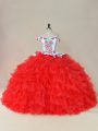 White And Red Sleeveless Embroidery and Ruffles Lace Up Sweet 16 Quinceanera Dress