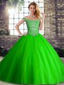 Trendy Green Quinceanera Gown Military Ball and Sweet 16 and Quinceanera with Beading Off The Shoulder Sleeveless Brush Train Lace Up