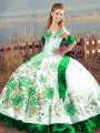 Sweet Off The Shoulder Sleeveless Satin and Organza Sweet 16 Dress Embroidery Lace Up