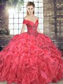 Colorful Coral Red Ball Gowns Organza Off The Shoulder Sleeveless Beading and Ruffles Floor Length Lace Up Quinceanera Gowns