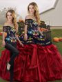 Adorable Red And Black Sleeveless Organza Lace Up Quinceanera Gown for Military Ball and Sweet 16 and Quinceanera