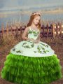 Super Floor Length Green Little Girls Pageant Dress Wholesale Organza Sleeveless Embroidery and Ruffled Layers