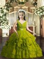Organza V-neck Sleeveless Backless Beading Pageant Dress in Olive Green