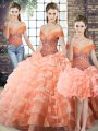 Captivating Peach Sweet 16 Dress Off The Shoulder Sleeveless Brush Train Lace Up