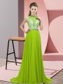 Sleeveless Beading Backless Prom Evening Gown with Yellow Green Brush Train