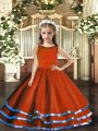 Sleeveless Tulle Floor Length Lace Up Pageant Dress for Teens in Rust Red with Ruffled Layers