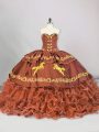 Lace Up 15th Birthday Dress Brown and In with Embroidery and Ruffled Layers Brush Train