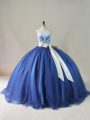 Glorious Lace Up Quinceanera Gown Navy Blue for Sweet 16 and Quinceanera with Appliques and Sashes ribbons and Bowknot Brush Train