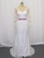 Superior Scoop Long Sleeves Tulle Wedding Gowns Lace and Belt Sweep Train Clasp Handle