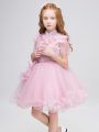 High-neck Short Sleeves Tulle Flower Girl Dresses for Less Appliques Zipper