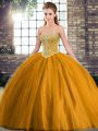Sweetheart Sleeveless Tulle Vestidos de Quinceanera Beading Brush Train Lace Up