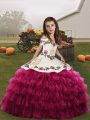 Sleeveless Floor Length Embroidery and Ruffled Layers Lace Up Child Pageant Dress with Fuchsia