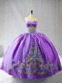 Eye-catching Sleeveless Satin Floor Length Lace Up Vestidos de Quinceanera in Lavender with Embroidery