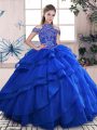 Royal Blue High-neck Lace Up Beading and Ruffled Layers Sweet 16 Dress Sleeveless