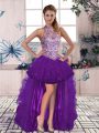 Halter Top Sleeveless Prom Gown High Low Beading and Ruffles Purple Tulle