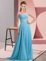 Fitting Floor Length Empire Sleeveless Aqua Blue Prom Dresses Lace Up