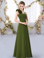 Super Straps Sleeveless Quinceanera Court of Honor Dress Floor Length Hand Made Flower Olive Green Chiffon