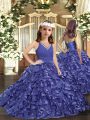 Lavender Ball Gowns Organza V-neck Sleeveless Ruffles Floor Length Zipper Pageant Dress for Teens