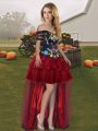 Free and Easy Off The Shoulder Sleeveless Homecoming Dress High Low Embroidery and Ruffled Layers Wine Red Organza