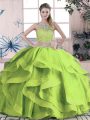 Elegant Green Sleeveless Floor Length Beading and Lace and Ruffles Lace Up Sweet 16 Quinceanera Dress