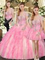 Inexpensive Baby Pink Strapless Lace Up Beading and Ruffles 15 Quinceanera Dress Sleeveless